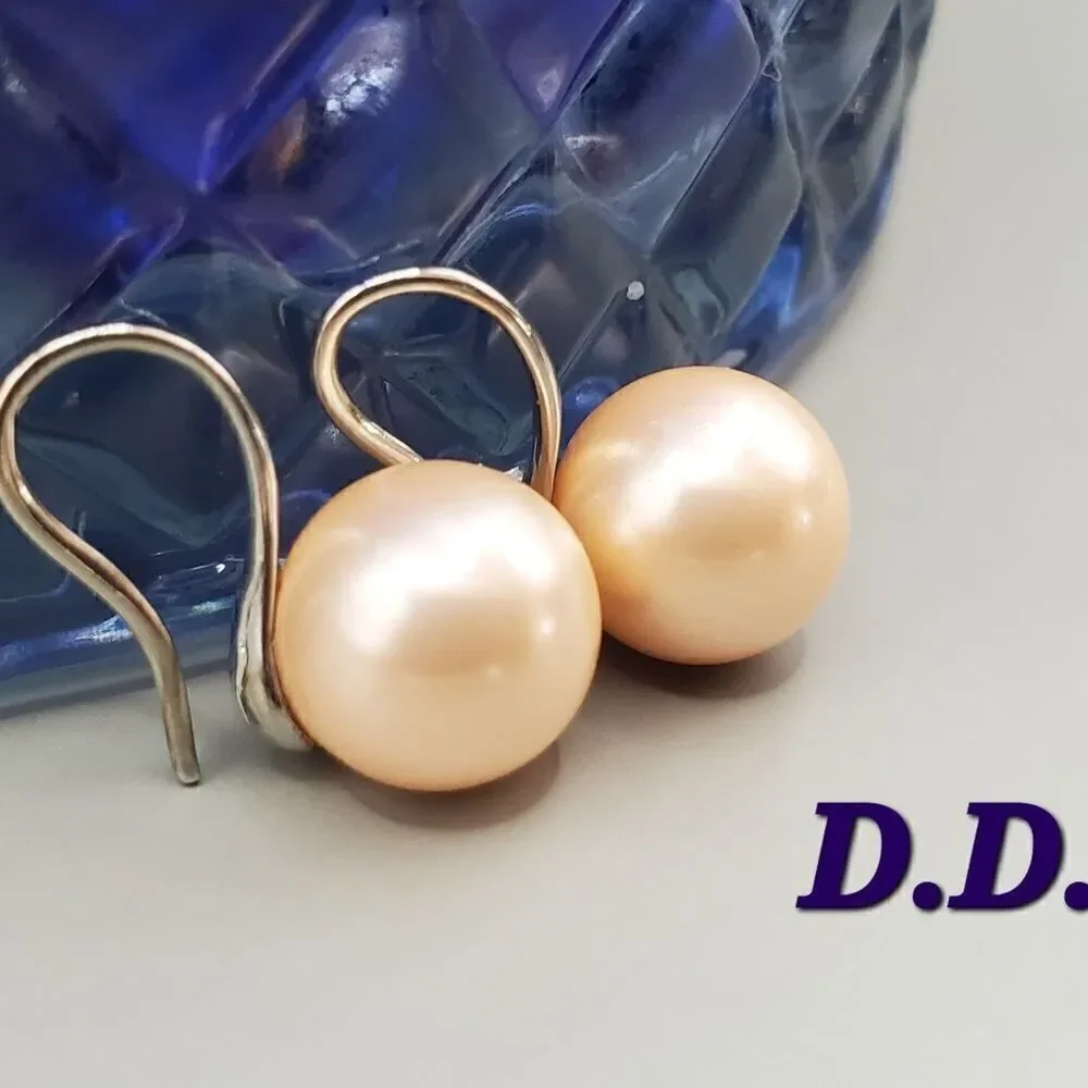 Peach South Sea Shell 8 mm Pearl Fish Hook Earrings 925 Silver